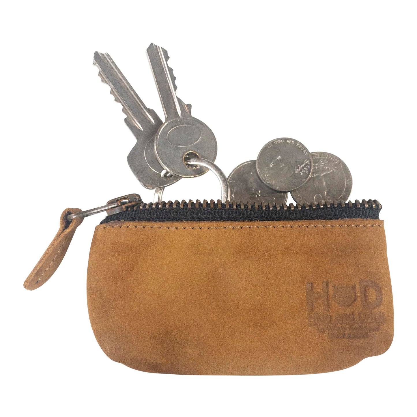 Hide & Drink, Leather Key Holder Pouch, Zippered Coin Bag, Money Purse, Earphone Holder, Charging Cable, Memory Cards Organizer, Vintage Style, Handmade (Old Tobacco)
