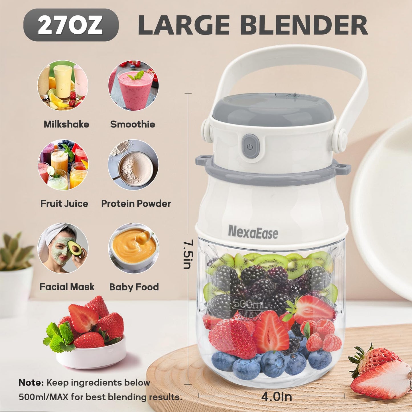 Portable Blender for Shakes and Smoothies- Personal Juicer 20 OZ Electric Protein Shaker Bottle with Insulated Sleeve, USB-C Rechargeable,Travel Lid-Small Blender Cup for Kitchen, Office, Gym,Travel
