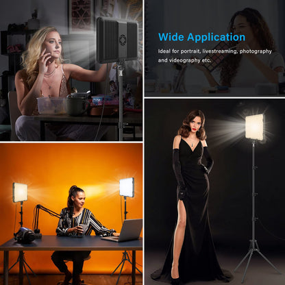 2 Pack LED Video Light with 63'' Tripod Stand, Obeamiu 2500-8500K Dimmable Photography Studio Lighting for Video Film Recording/Collection Portrait/Live Game Streaming/YouTube Podcast, USB Charger
