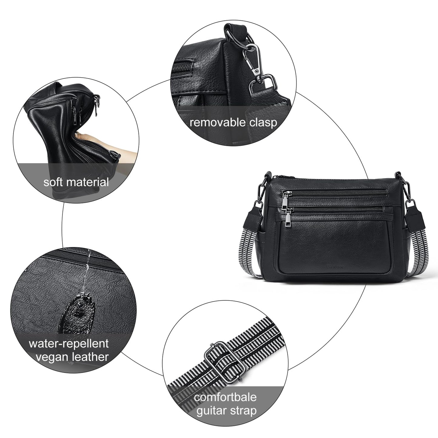 Bluome Crossbody Bag Purses For Women Vegan Leather Shoulder Hobo Purse Handbags Trendy Travel Black