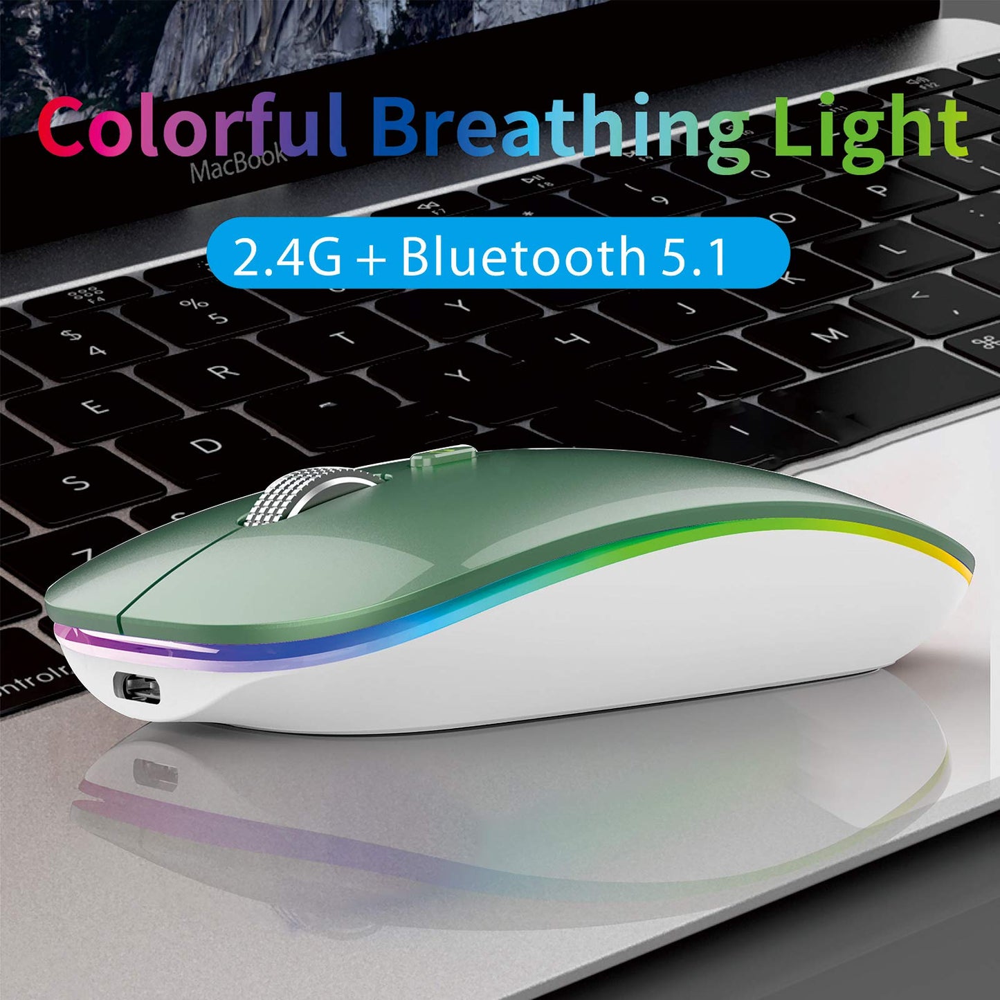 TENMOS Wireless Bluetooth Mouse, LED Slim (Bluetooth 5.1/5.0 + USB) 2.4GHz Rechargeable Silent Bluetooth Wireless Mouse with Type C Adapter for Laptop/MacBook/iPad OS 13 and Above (Matte Black)