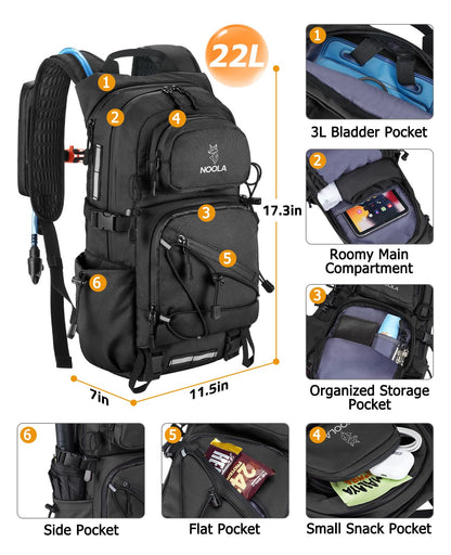 NOOLA Hydration Hiking Backpack with 3L Water Bladder - 22L Water Backpack for Cycling, Running, Biking - Lightweight Hiking Pack Bag with Rain Cover, Phone Holder and Trekking Pole Holders, Black