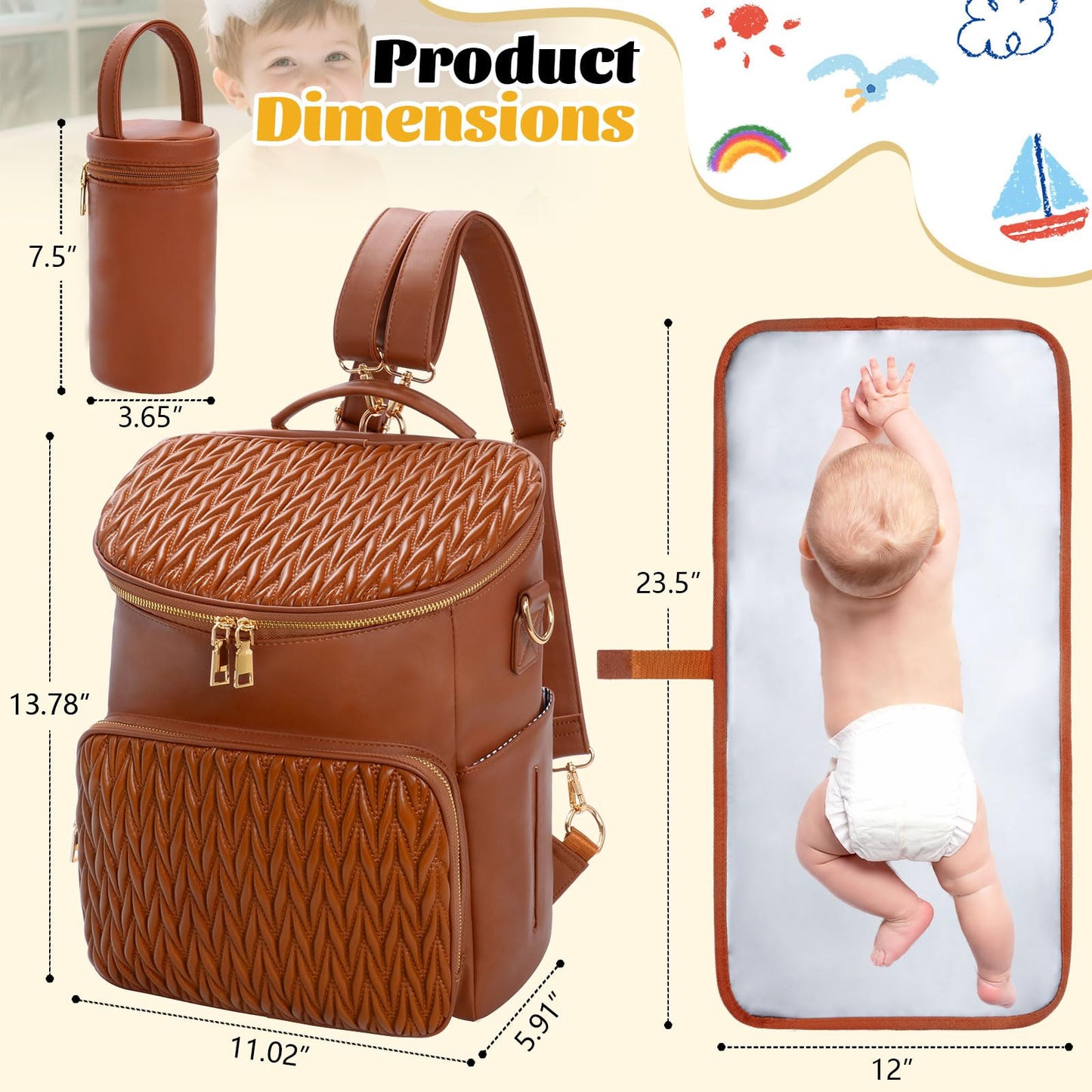 Minsong Diaper Bag Backpack, Fashion Leather Mommy Backpacks, Travel Baby Diaper Bags with in Bag Organizer and Changing Pad (Brown-stripes)