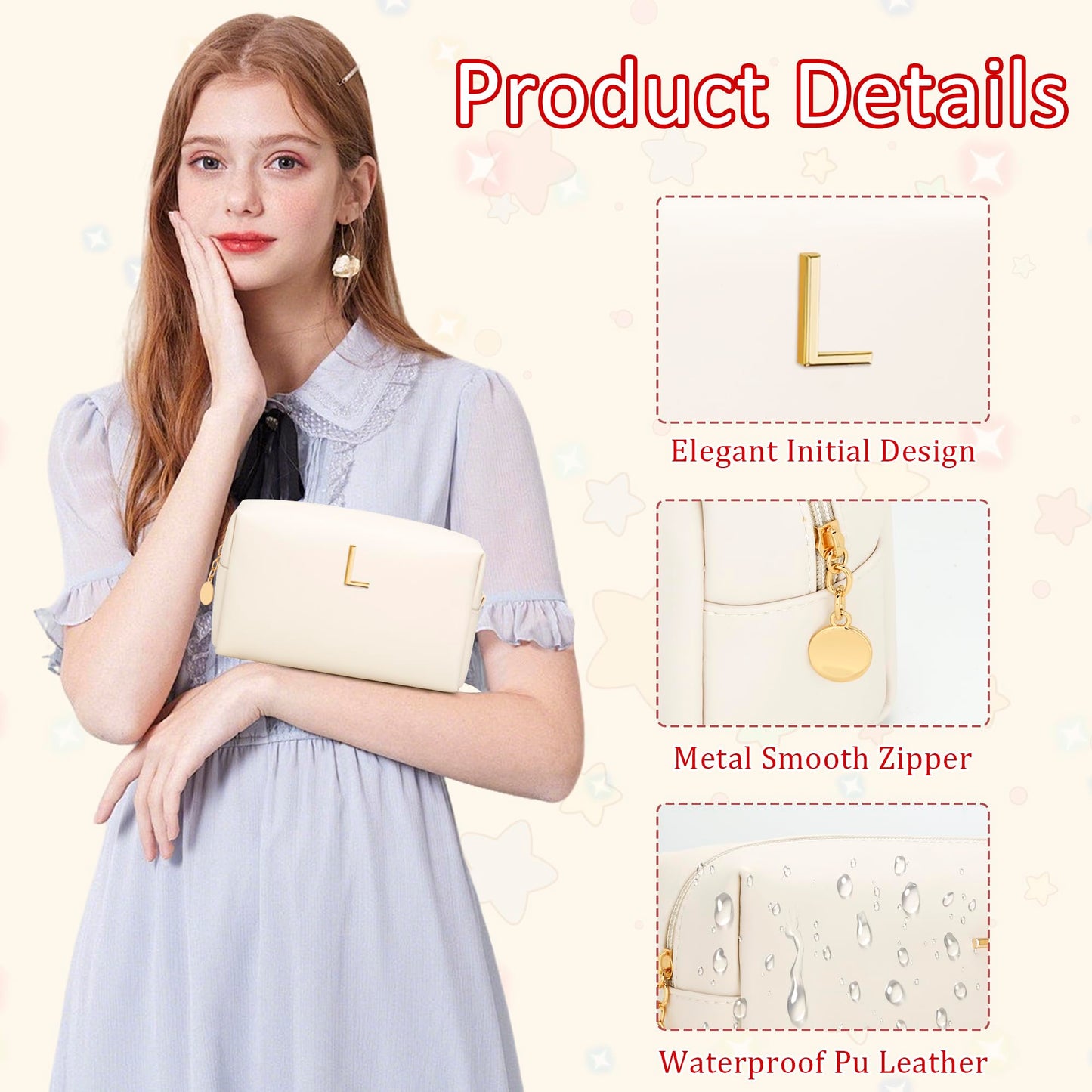 CLOUDWINGS Gifts for Women Bridesmaid Gifts Personalized Initial Makeup Bag PU Leather Cosmetic Waterproof Travel Toiletry Bag (L)