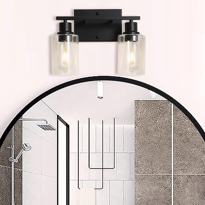 2-Lights Wall Lighting Matte Black Bathroom Vanity Light Fixtures,Vintage E26 Base Sconces with Clear Glass Shades, Farmhouse Modern Wall Lamp for Hallway,Bedroom,Living Room