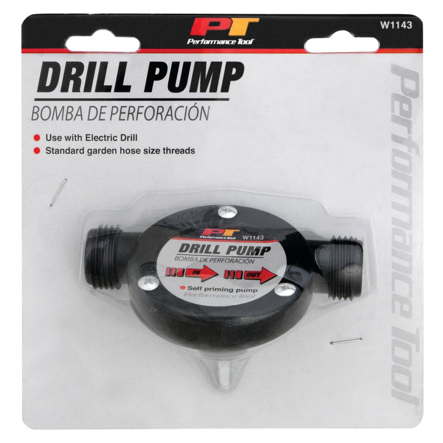 Performance Tool W1143 Liquid Transfer Pump for Corded/Cordless Drills - 225 GPH, 3/4-Inch Max Hose Diameter, Self-Priming, Corrosion-Resistant Shaft