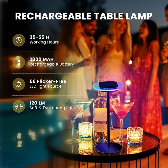 LOFTEK Cordless Table Lamps Set of 2, Rechargeable Table Lamp, Up to 55 Hrs Ultra-Long Battery Life, Eye-Friendly, Touch Dimming, Portable Wireless Ambient Lighting (Black, 2 Pack)