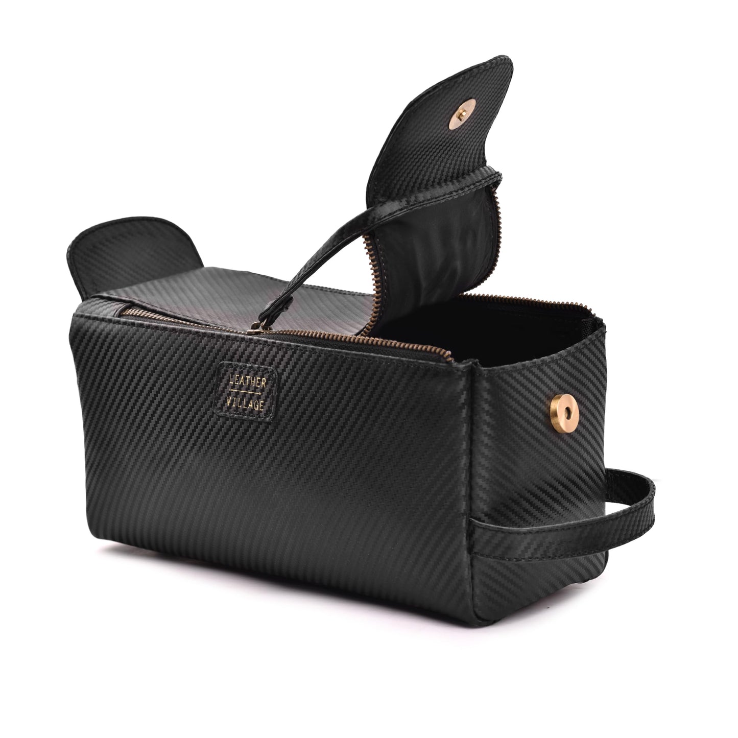 LEATHER VILLAGE Genuine Carbon Fiber Genuine Leather Travel Toiletry Bag - Large Dopp Kit, Water-Resistance Bathroom & Shaving Organizer for Men & Women - Black