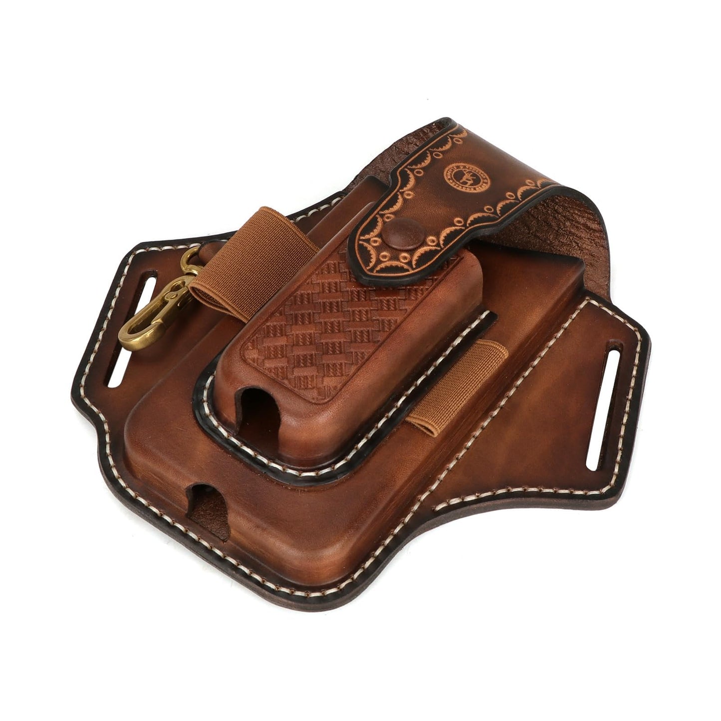 Tourbon Leather Cell Phone Holster Pouch Case Tool Multitool Sheath Flashlight Slot Holder & Keychain Clip with Magnetic Closure for Belt (Brown)