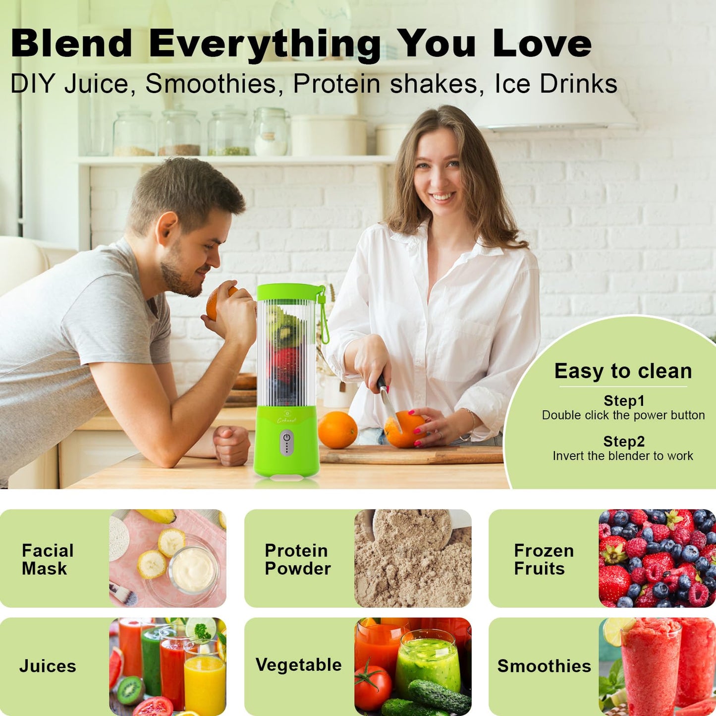COKUNST 18oz Portable Blender, USB Rechargeable Personal Size Blenders, Smoothie Blender with 6 Blades for Protein & Shakes, Mini juicer with Extra Handle Lid for Travel Sports Outgoing