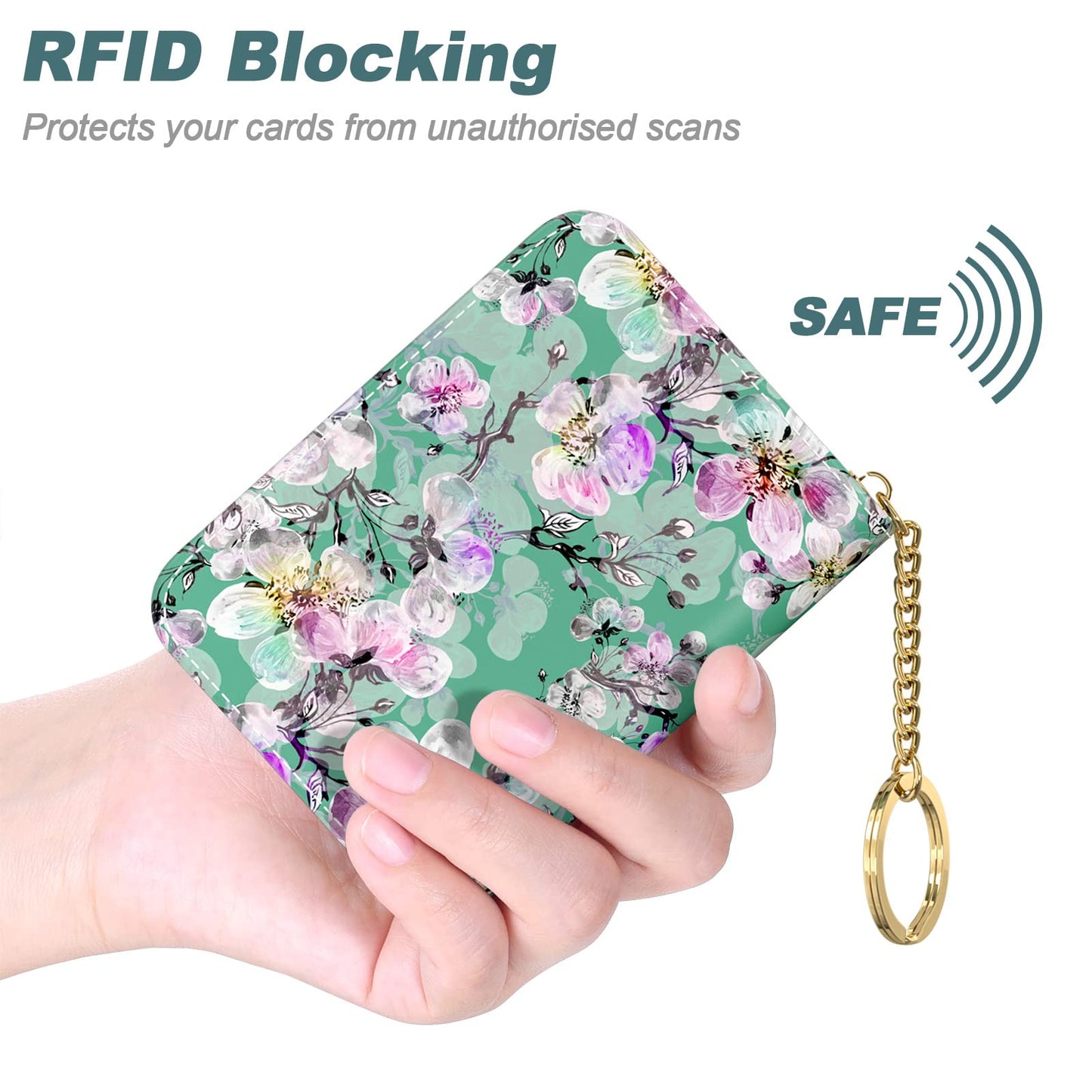 Nipichsha Women's Small RFID Blocking Credit Card Wallet, Plum Flower, Leather, Slim and Compact Size, 12-Slot with Privacy Protection