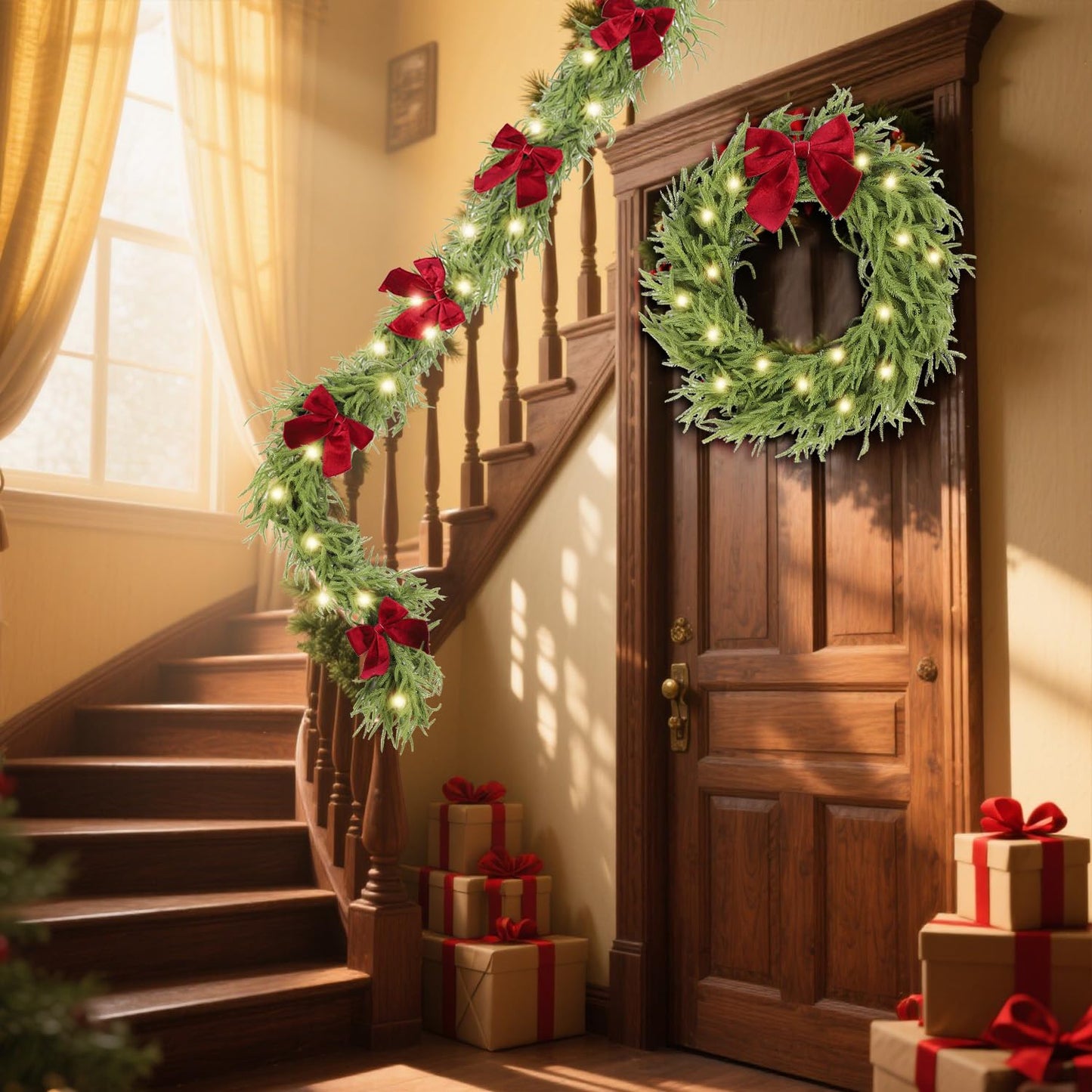 HipTree 9ft Christmas Garland with Lights,Lighted Norfolk Pine Garland for Mantle,Prelit Real Touch Artificial Greenery Christmas Winter Garland with Large Burgundy Velvet Bow for Indoor Outdoor Decor