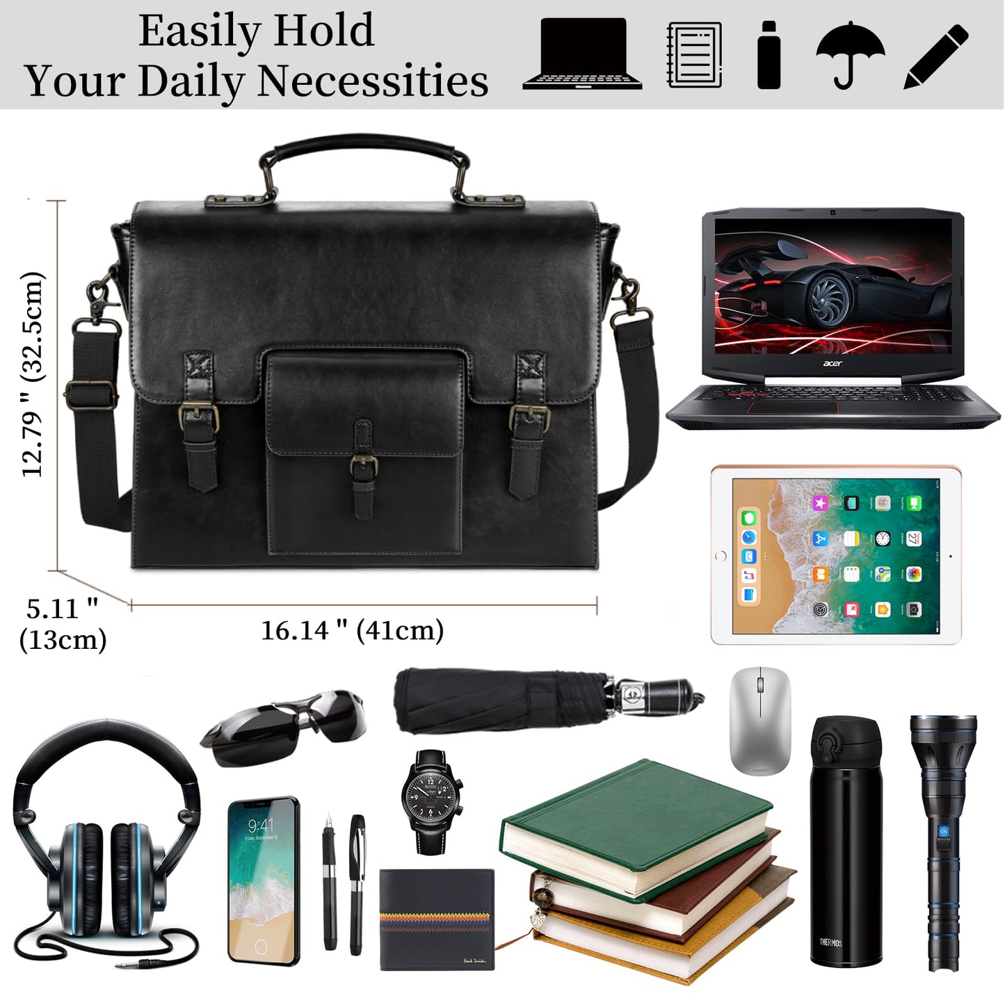 Leather Messenger Bag for Men Women 15.6 Inch Waterproof Vintage Leather Laptop Briefcase Large Satchel Shoulder Bag Office Travel College Computer Laptop Bag, Black