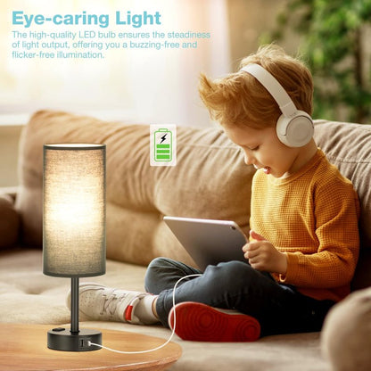 Fenmzee Black Bedroom Lamp for Nightstand - 3 Way Dimmable Bedside Lamp USB C A Charging Ports and AC Outlet, Small Table Lamp Black Base for Living Room, Office Desk, LED Bulb Included