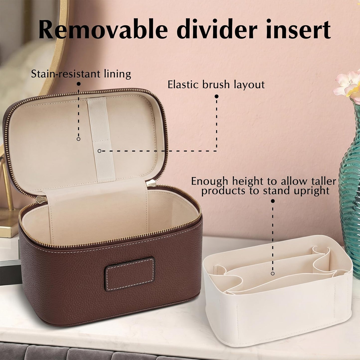 idoltimes Makeup Case for Women, Leather Makeup Bag Cosmetic Case with Removable Divider, Large Capacity Waterproof Portable Travel Toiletry Make up Organizer Case