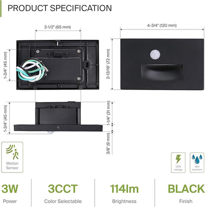 ASD LED Recessed Step Light Fixture, Outdoor & Indoor Stair Tread Lighting | 3CCT, Motion Sensor, Waterproof, ETL Listed | 3W 120LM 3000K-5000K 120V | Staircase Hardwired Illumination | Black, 4 Pack