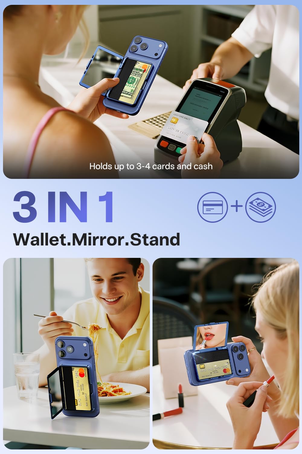 Meifigno Strong Magnetic Phone Wallet with Mirror & Kickstand, Magnetic Phone Card Holder (3-4 Cards & Cash) Compatible with iPhone 17/16/15/14/13/12 Series, Metal Plating Glossy, Deep Blue
