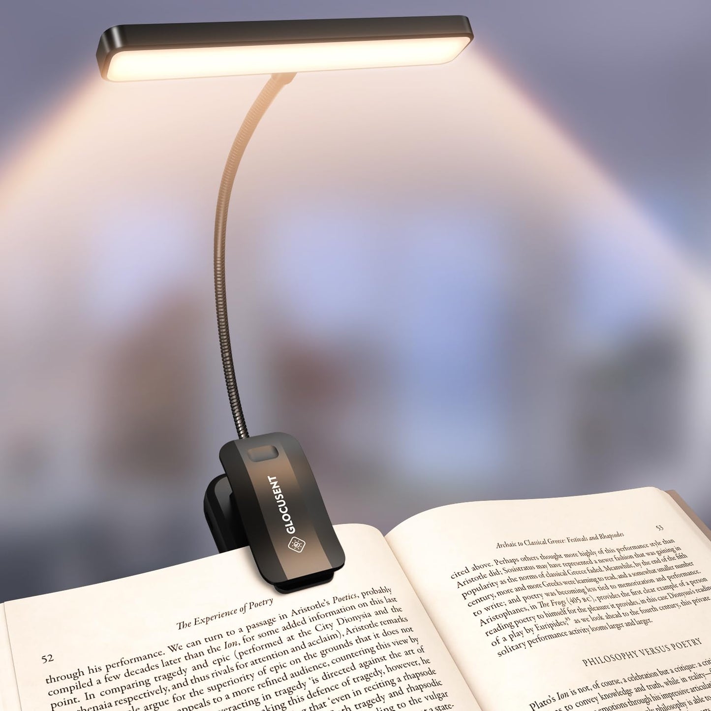 Glocusent 26 LED Rechargeable Book Light for Reading in Bed, Eye-Caring 5 Amber Colors and Stepless Dimming, Lasts 1 Week to a Months, Travel Clip on Lamp Gifts for Book Lovers, Men, Women & Kids