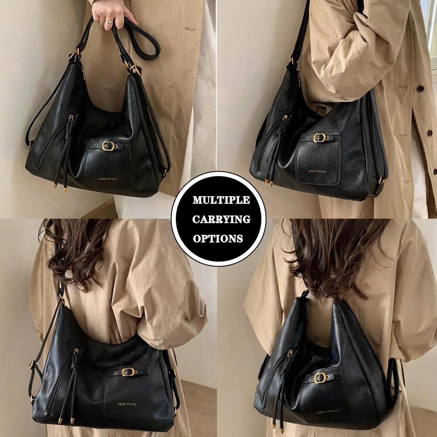 AFMKTICA Y2K Trendy Purse for Women, Leather Buckle Punk Hobo Clutch Purses Bags for Ladies Top Handle Shoulder Bag (Bigblack)