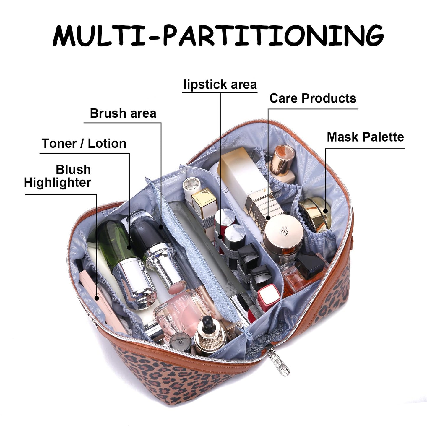 BOYATU Travel Makeup Bags Organizer for Women: 3 Pcs Set Leopard Cosmetic Bag - Large Make up Bag with Compartments - Flat Open Waterproof Leather Toiletry Bags for Skincare, Brushes & Travel - Brown