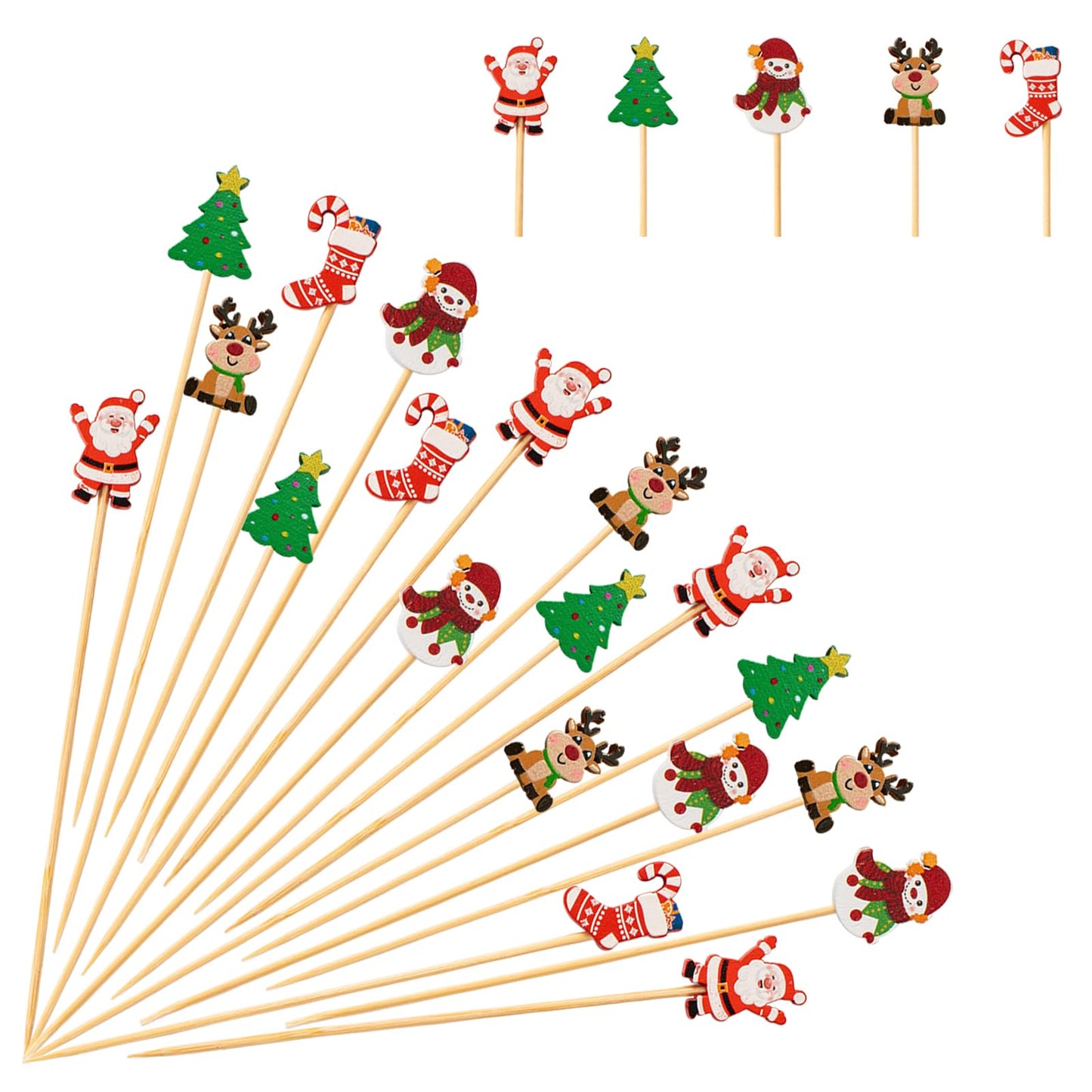 Jiesky 125pcs 5in Christmas Cocktail Picks Christmas Tree Snowman Santa Claus Reindeer Christmas Stocking Bamboo Cocktail Toothpicks Fruit Food Appetizer for Christmas Party Decorations