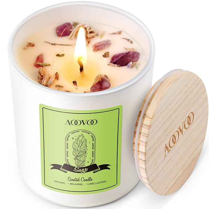 AOOVOO Sage Scented Candles for Women - Aromatherapy Candle with Crystals Inside, 10oz Soy Candles for Home Scented, Birthday Gifts Christmas Candle for Women Mom
