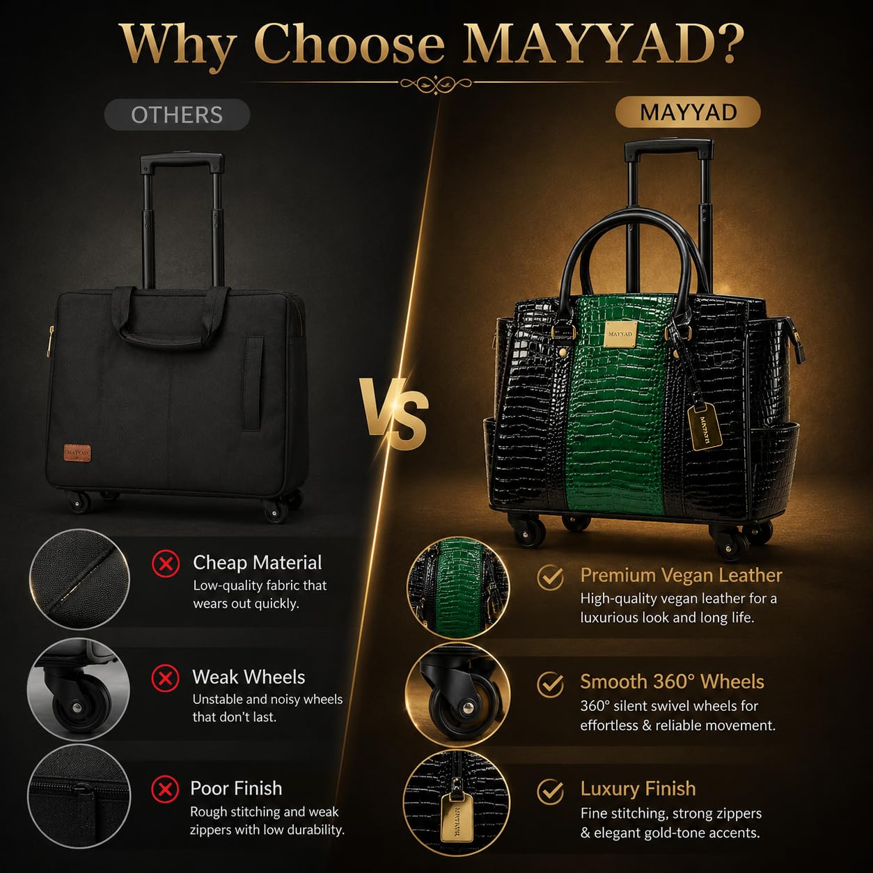MAYYAD Emerald Green and Black Rolling Laptop Bag for Women – Premium Crocodile Embossed PU Leather Business Trolley – Stylish 17.3” Laptop Briefcase with Spinner Wheels