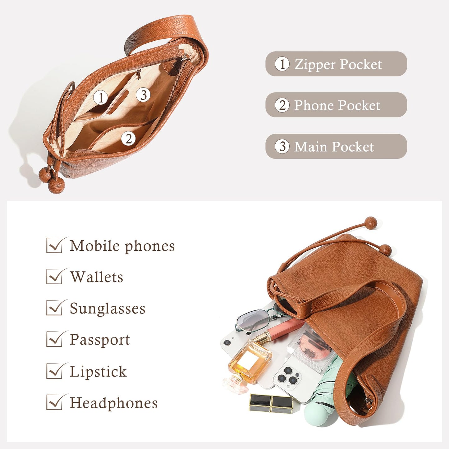 MFFOR Genuine Leather Hobo Bags, Purses for Women, Medium Tote Handbags, Slouchy Shoulder Purse with Adjustable Strap(Golden Brown)