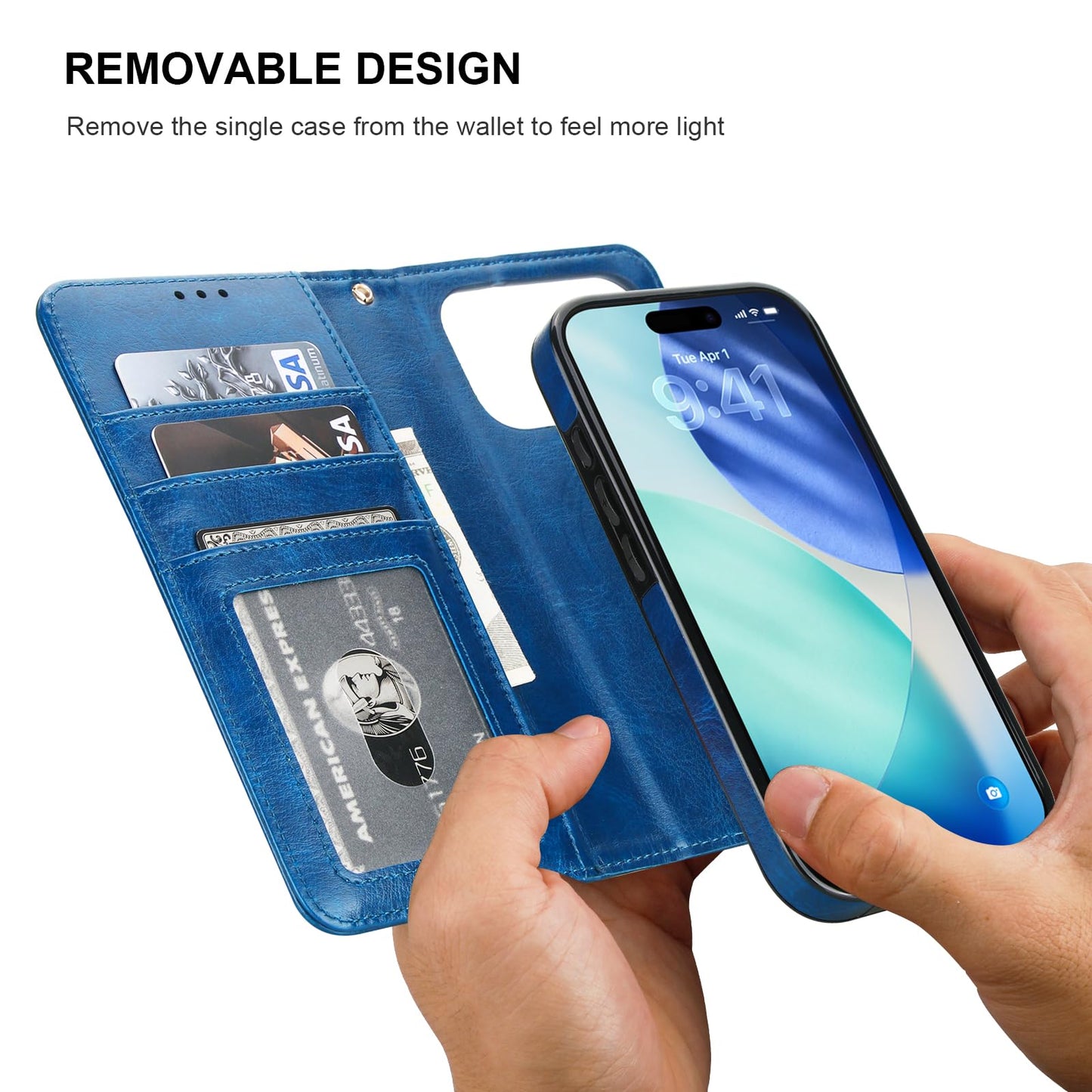 Bocasal for iPhone 17 Pro Wallet Case Compatible with MagSafe Wireless Charging, RFID Blocking Magnetic Leather Case with Card Slots Holder Kickstand Detachable Wrist Strap 6.3 Inch (Blue)