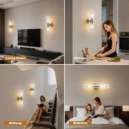 Bathroom Light Fixtures 2-Light, Modern Vanity Light for Bathroom, Wall Sconce, Bath Light with Glass Rods Shades for Mirror Bedroom Hallway (Brushed Nickel)