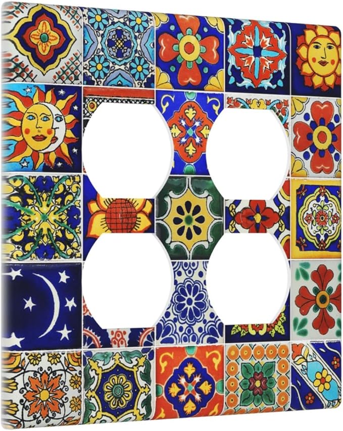 Decorative Light Switch Cover Plate Traditional Colorful Talavera Mexican Spanish Moroccan Tiles 2 Gang Socket Covers Double Duplex Wallplates Switch Plates and Outlet Covers for Kitchen Bathroom