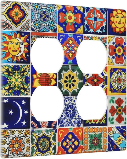 Decorative Light Switch Cover Plate Traditional Colorful Talavera Mexican Spanish Moroccan Tiles 2 Gang Socket Covers Double Duplex Wallplates Switch Plates and Outlet Covers for Kitchen Bathroom