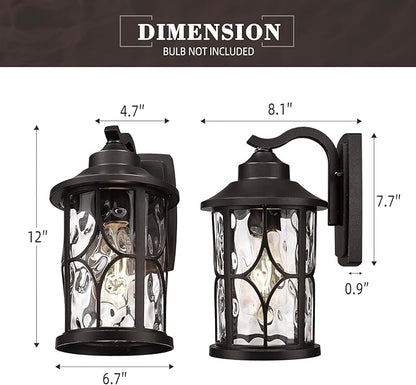 zeyu 12 Inch Outdoor Wall Lights, 2 Pack Exterior Front Porch Light, Die-Cast Aluminum, Oil Rubbed Bronze Finish with Water Ripple Glass Glass, ZX48BWG-2PK ORB
