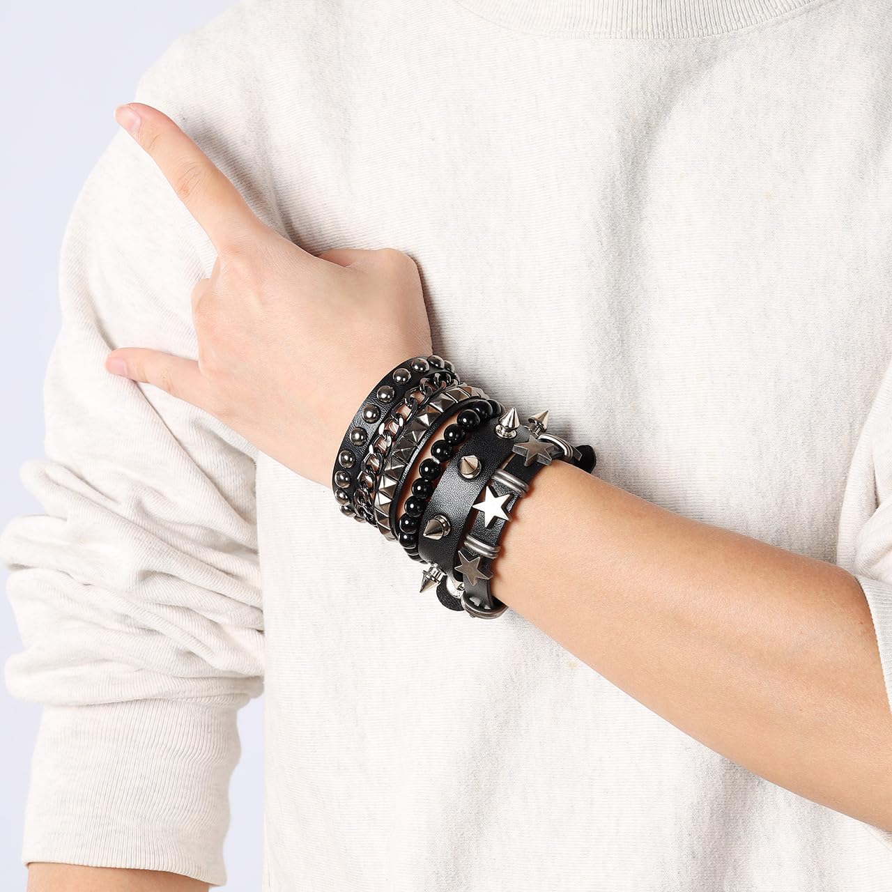 JAZTAKU Mens Spiked Studded Bracelet Black Leather Rivet Punk Bracelet Cuff Wrap Bangle Snap Button Metal Wristband for Men Women