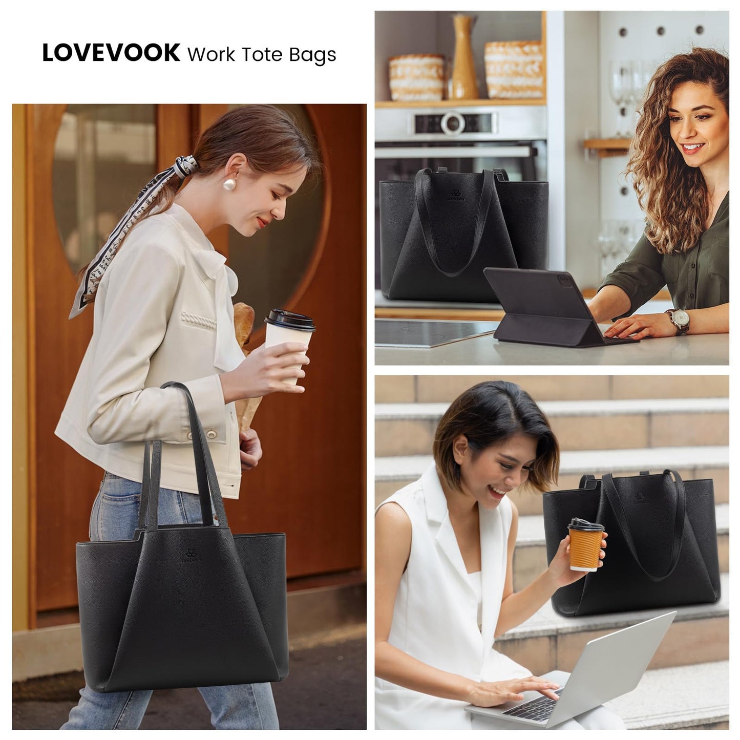 LOVEVOOK Work Tote Bags for Women - PU Leather Laptop Tote Bag for Women with Clutch, Large Capacity Office Purse Computer Briefcase for Casual Business Travel, Black