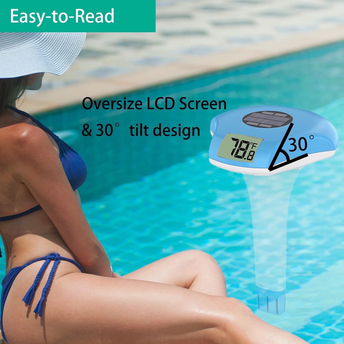 Digital Pool Thermometer – IPX-8 Waterproof Swimming Pool Thermometer Floating Easy Read, Environment-Friendly Solar-Powered Pool Temperature Gauge for Swimming Pools, Spa, Hot Tubs