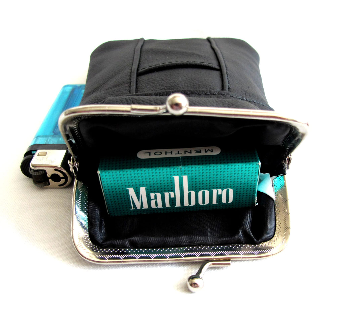 100's 120's 100% Genuine Leather Cigarette Case Lighter Pocket Kiss Lock Metal Twist Clasp Slim Durable -BLACK