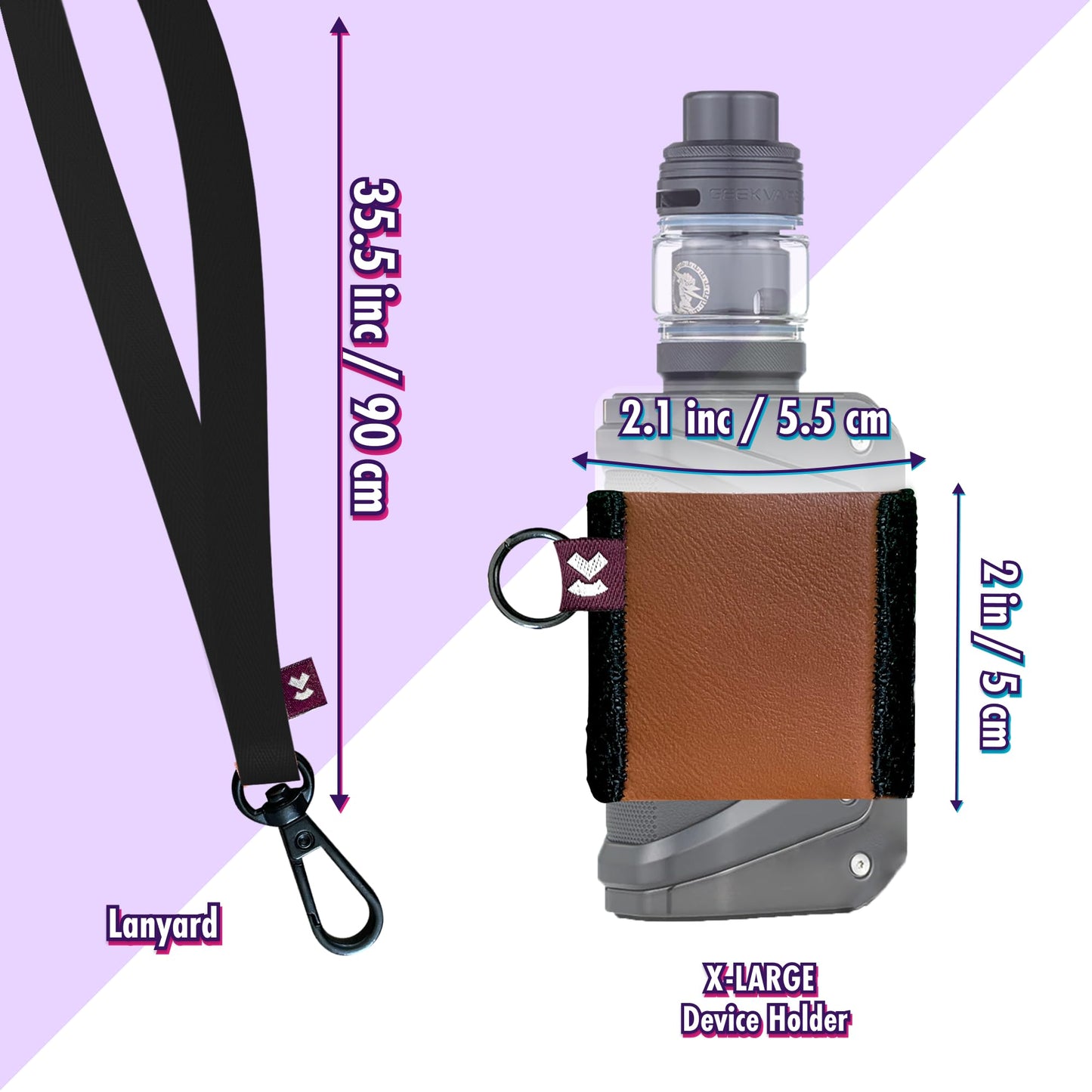 VCASE Leather Vape Holder, Comfortable Design for E Cigarette, High-Strength Elastic (Brown Holder/Black Lanyard XL)
