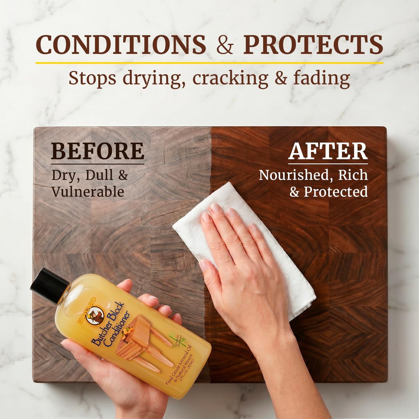 Howard Products Butcher Block Conditioner and Food Grade Mineral Oil for Wood Cutting Boards, 12 Fl Oz - Enhanced Wood Care