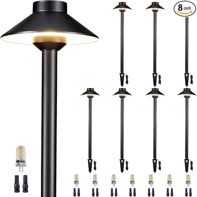Gardenreet Brass Low Voltage Path Lights - 12V LED Landscaping Pathway Light IP65 Waterproof, Wired Walkway Lighting Outdoor, Black for Lawn Area Backyard with 3W 2700K Warm White G4 Bulb (8 Pack)