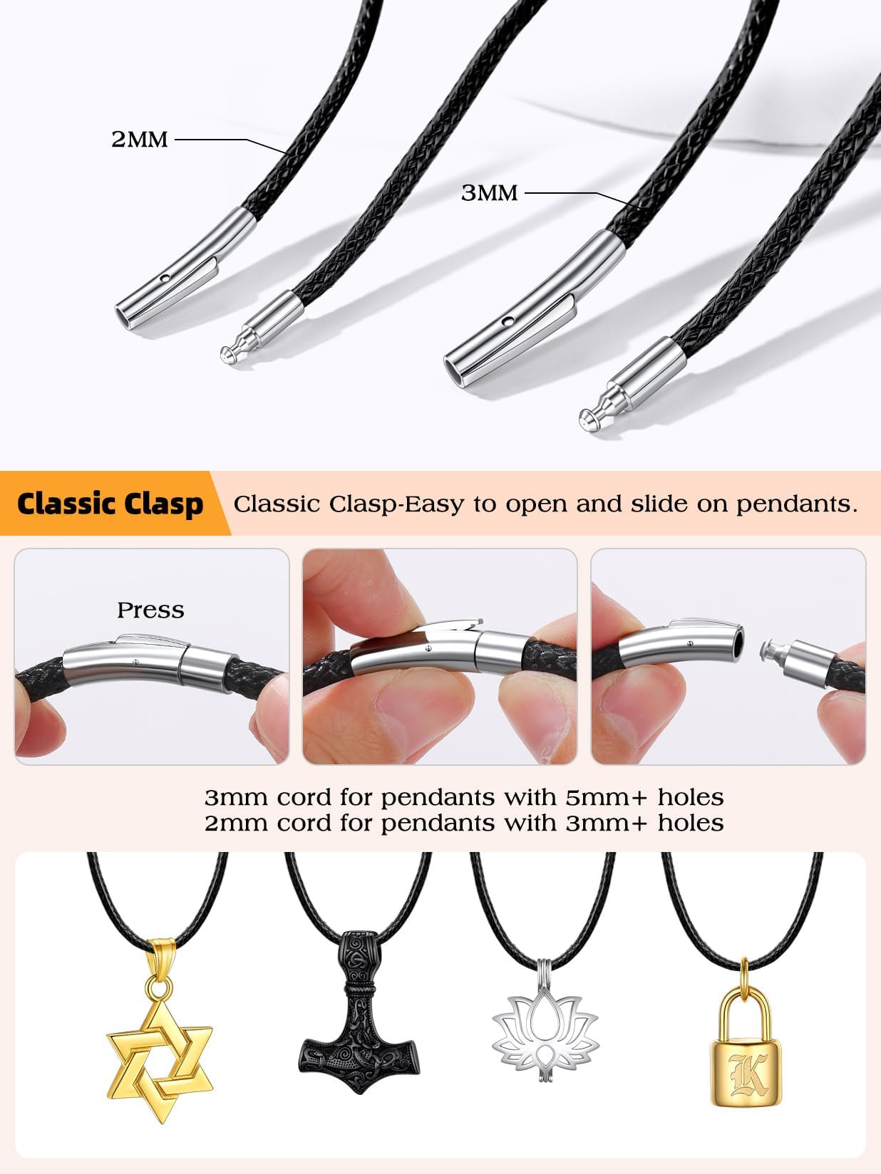 Bestyle 2MM Black Leather Necklace for Men Women,Waterproof Wax Woven Rope Chain with Stainless Steel Clasp, Leather Cord Necklace for Pendants 16"