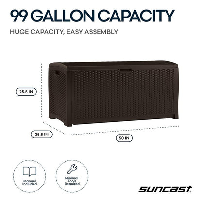 Suncast DBW9200 99 Gallon Outdoor Wicker resin Patio Storage Chest Bin with Handles for Patio, Garden, Garage, or Pool for All Weather, Mocha