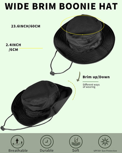Sun Hats for Men Women Bucket Hat UPF 50+ Boonie Hat Foldable UV Protection Hiking Beach Fishing Summer Safari(Upgraded-1pack-Black)