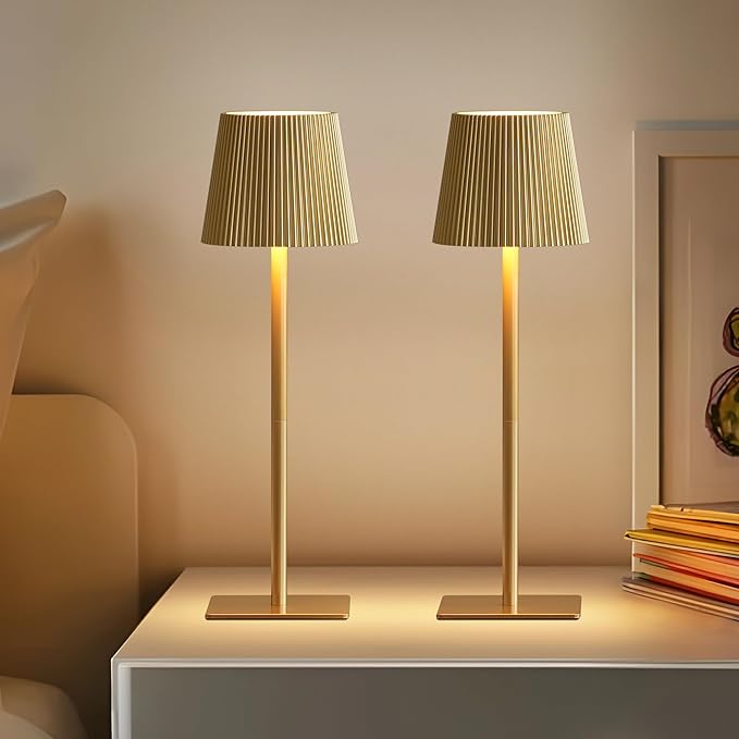 LUTEC 2 Pack Cordless Table Lamp,6000mAh Rechargeable Battery Operated Desk Lamp,Two Adjustable Heights,Waterproof, Touch Control & 3 Color Stepless Dimming for Restaurant/Bedroom/Bars/Outdoor (Gold)