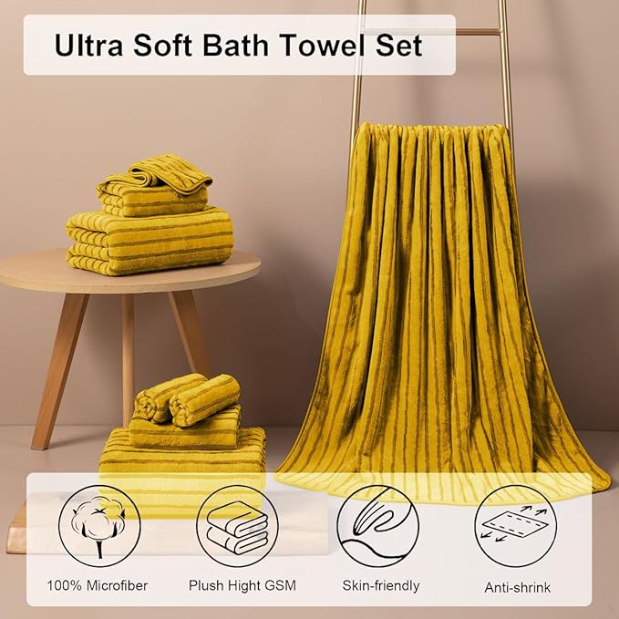 8 Pcs Yellow Cabana Stripe Polyester Bath Towel Set Oversize Bath Sheet-2