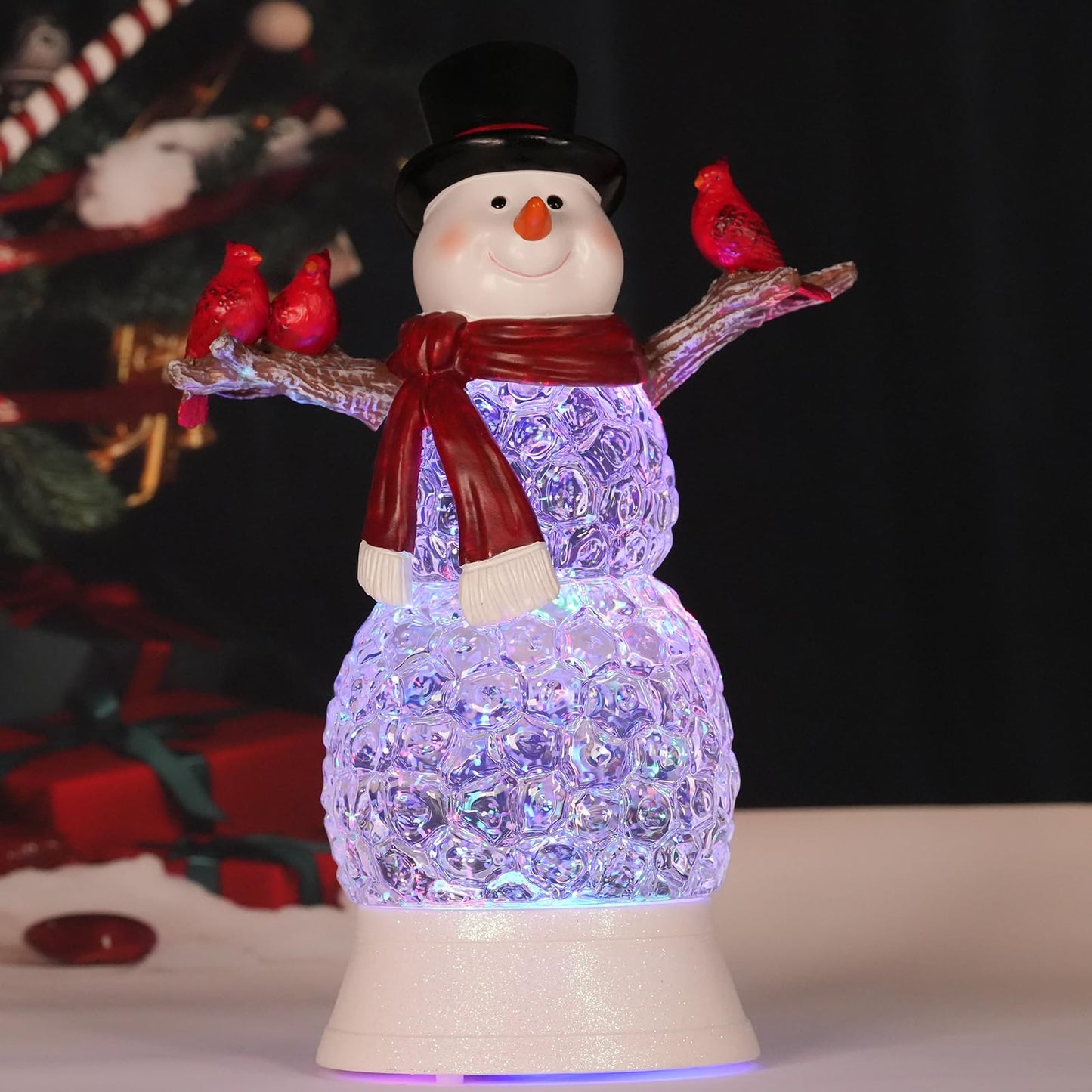 LEYUPEAK Christmas Snowman Snow Globe, Lighted Musical Cardinal Lantern with Glitter, Acrylic Snowman Figurines Holiday Tabletop Decorations Cardinal Gift, USB & Battery Operated, 6h Timer