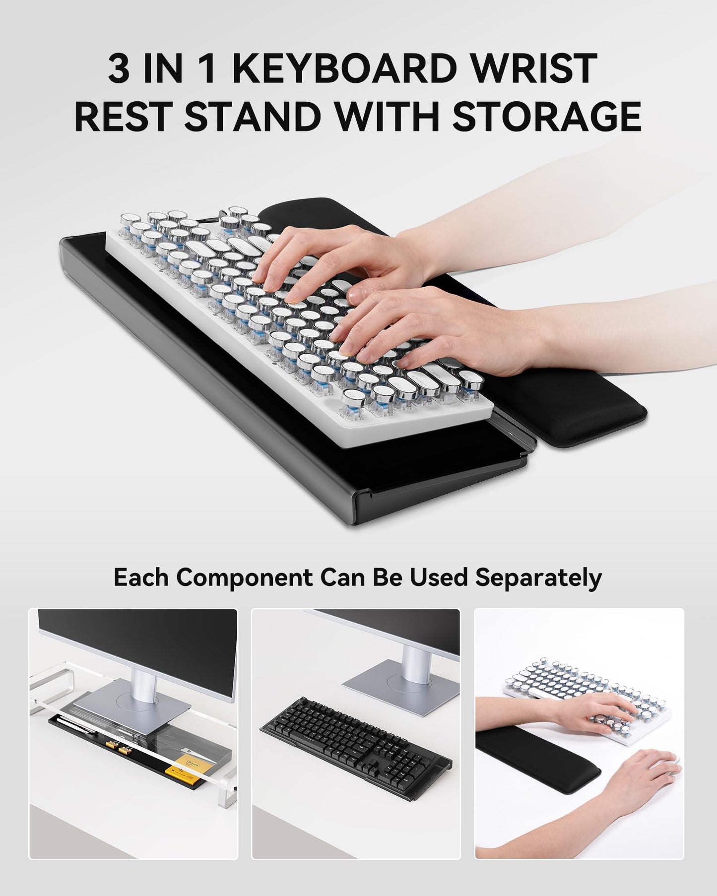 Laborio Computer Keyboard Stand with Storage Box, Keyboard Riser Wrist Rest for Desktop, Office Desk Organizer Accessories(Clear Black)