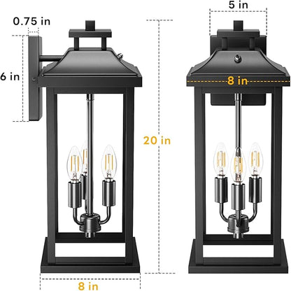 20" Large Dusk to Dawn Outdoor Lights 3-Light, 2 Pack Black Modern Exterior Lighting Fixtures Photocell Sensor Outside Porch Lights Wall Mount, Waterproof Patio Exterior Sconce Lamps E12