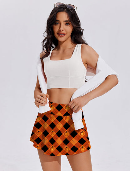 PINSPARK Tennis Skirts Women Pleated Athletic Skirt with Shorts Underneath Wicking Golf Skorts Activewear,Orange Print Small
