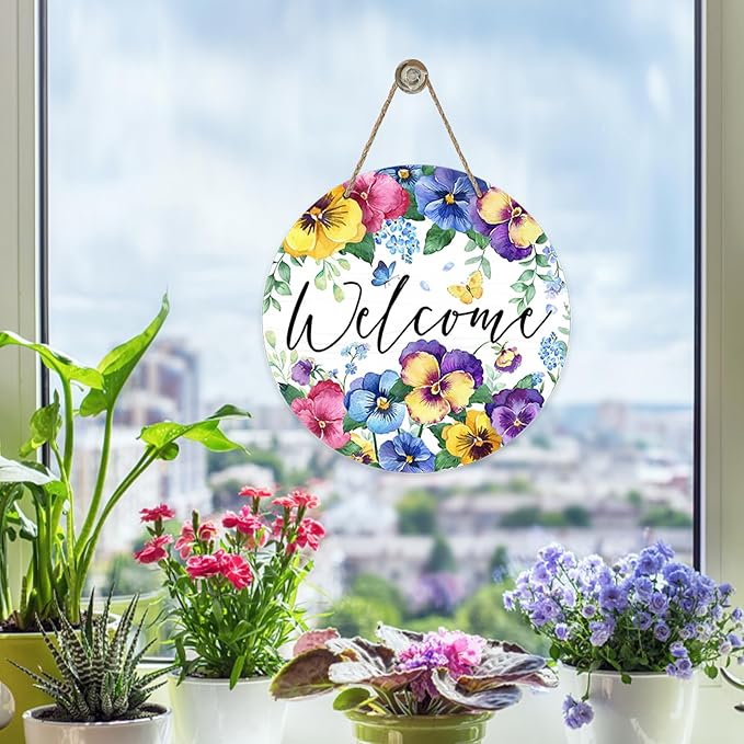 Welcome Spring Summer Floral Flowers Front Door Sign, Pansy Forget Me Not Wood Door Hanger Outdoor Outside Porch Decor, Butterfly Seasonal Wooden Wreath Indoor Wall Hanging Decoration